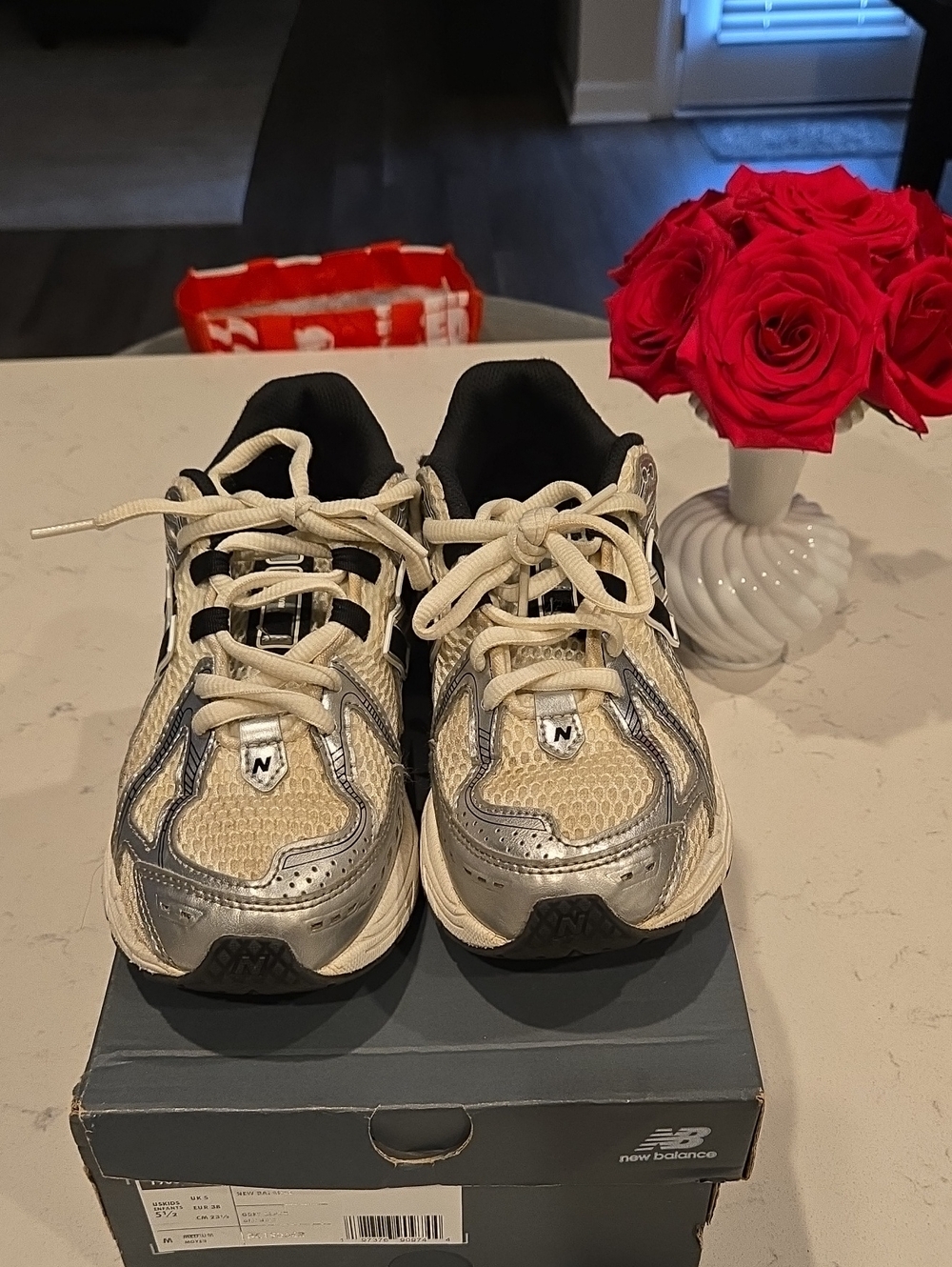 New Balance Kids Silver and Cream Athletic Sneakers